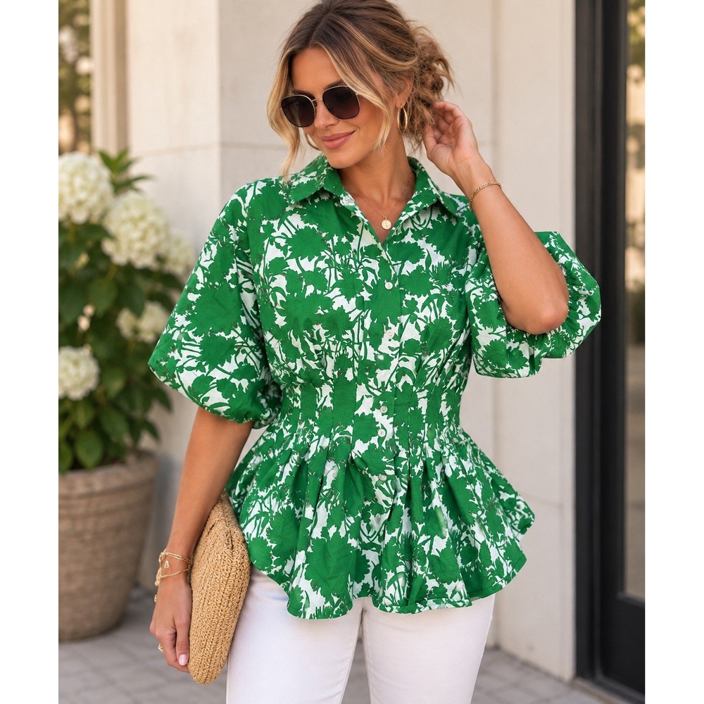 Exquise Madilynn Green White Floral Cinched Waist Button Down Shirt M
